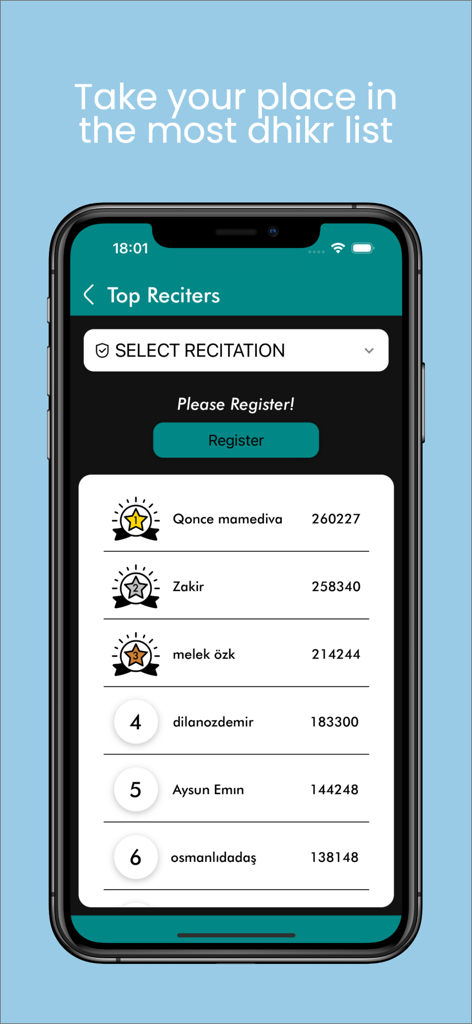 Zikirmatik: Sesli Zikirler - A leaderboard screen in the Zikirmatik app showing the top reciters ranking with their names and total dhikr counts.