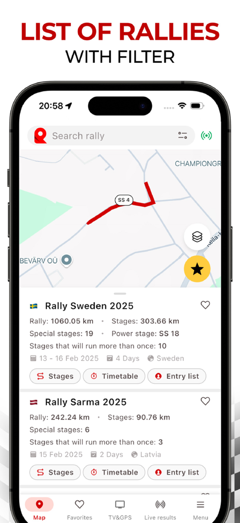 RallyPin - RallyPin app interface displaying a list of rallies and an interactive map with event details.