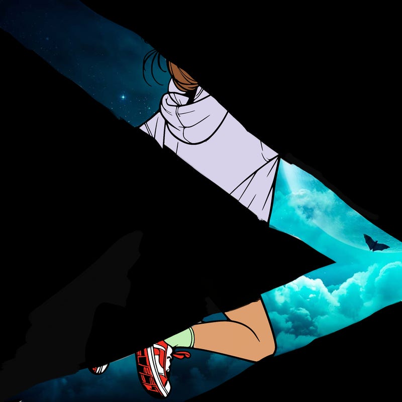 realistic girl jumping with a bun and oversized sweatshirt