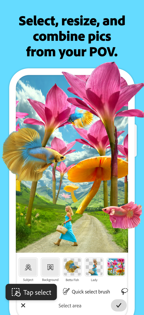 Adobe Photoshop App zeigt eine surreale Fotokomposition, die mit Auswahlwerkzeugen bearbeitet wird