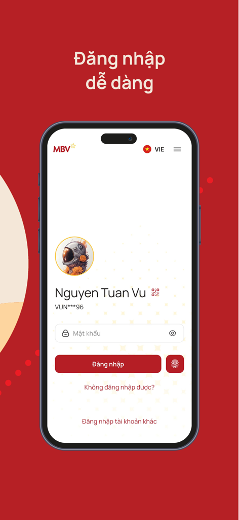 MBV Bank mobile app login screen featuring user profile and biometric authentication