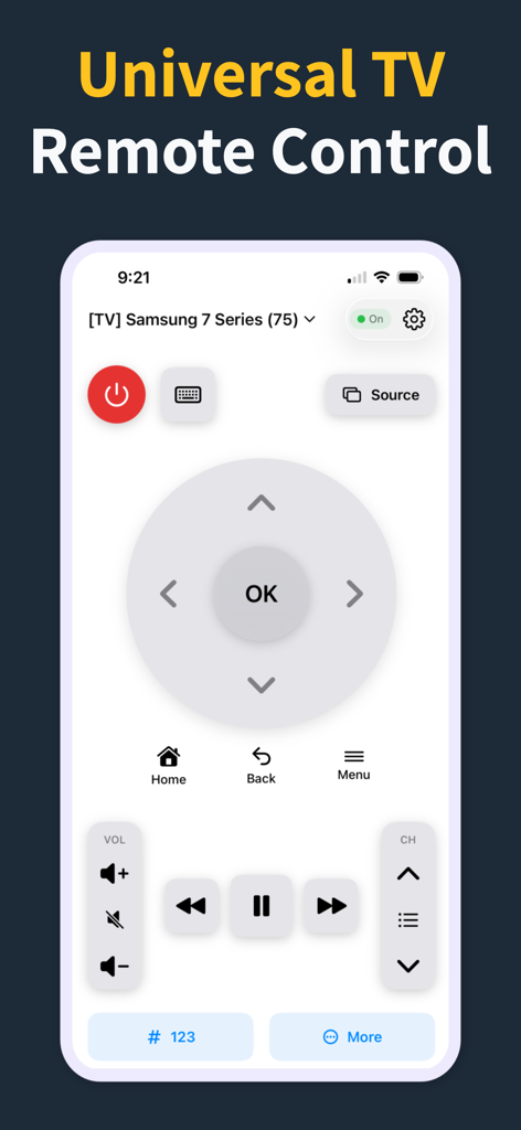 Remote Control for TV Pro - Interfaz de la aplicación Control Remoto para TV Pro en un iPhone mostrando un control remoto digital con botones de navegación y volumen