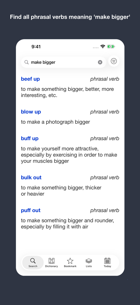 English Meaning Dictionary - English Meaning Dictionary app interface showing search results for phrasal verbs meaning make bigger