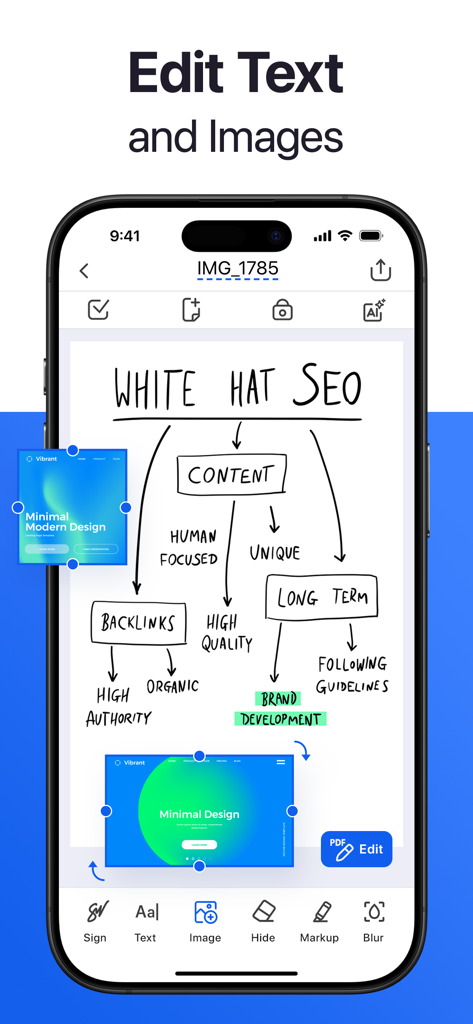 Forma: PDF Document Editor - Aplicación Forma PDF editor mostrando funciones de edición de texto e imagen en un iPhone