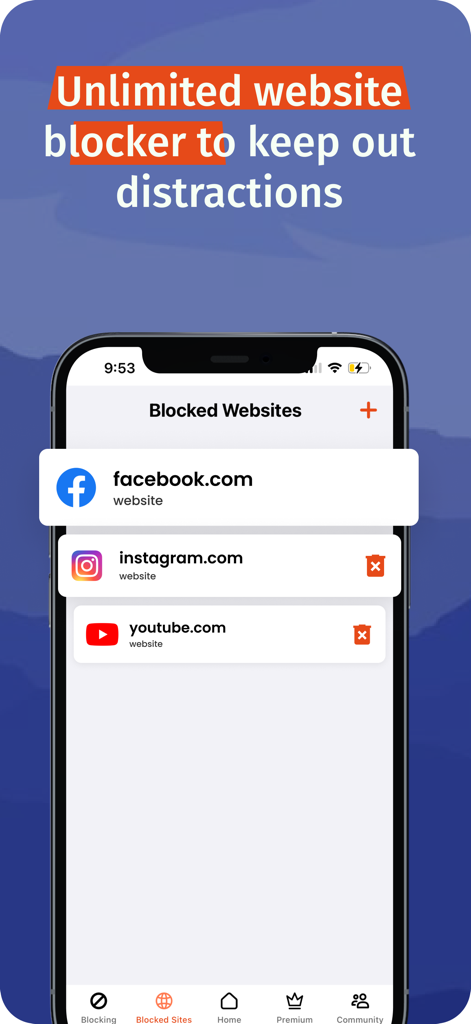 A mobile screen showing the BlockerX website blocker feature with social media sites like Facebook and Instagram listed as blocked.