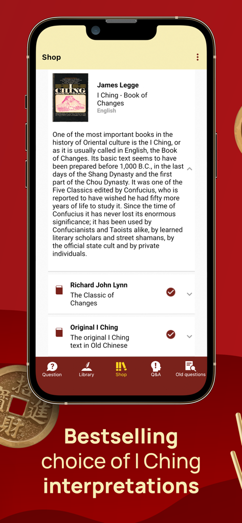 I Ching - Yi Jing Library - The shop section of the I Ching app displaying scholarly book interpretations by James Legge and Richard John Lynn.