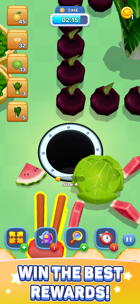 Hole Eats All - Gameplay of Hole Eats All showing a black hole swallowing fruit and vegetables with a win the best rewards text overlay