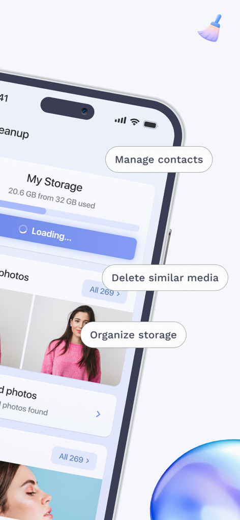 Interface of the Phone Cleaner app showing storage status and media organization features.