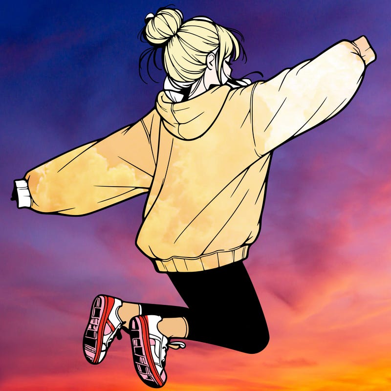 realistic girl jumping with a bun and oversized sweatshirt
