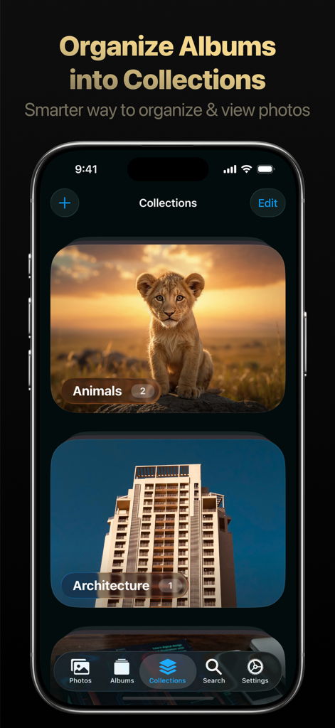 Trustful – Secret Photo Vault - Trustfulアプリのインターフェース。写真アルバムが、動物や建築などのコレクションに整理されています。