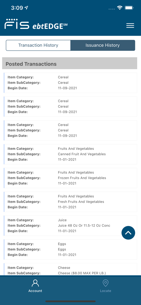 ebtEDGE - Pagina della cronologia delle transazioni dell'app ebtEDGE che mostra categorie di benefici alimentari e date