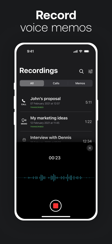 TapeACall app screen showing voice memo recording and a list of audio files