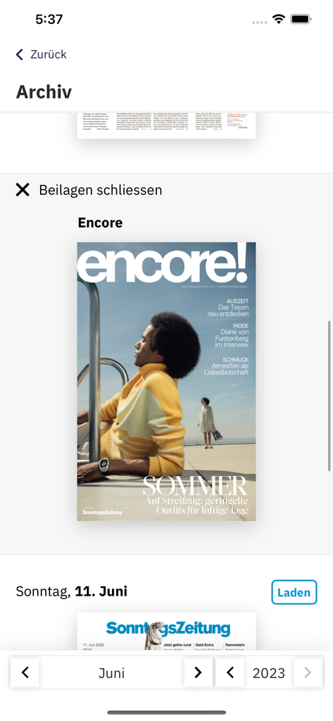 The archive screen of the SonntagsZeitung E-Paper app showing past newspaper issues and magazine supplements.