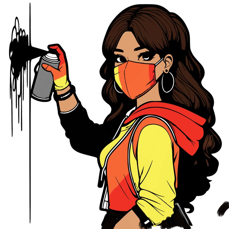 realistic girl with mask spray painting a wall