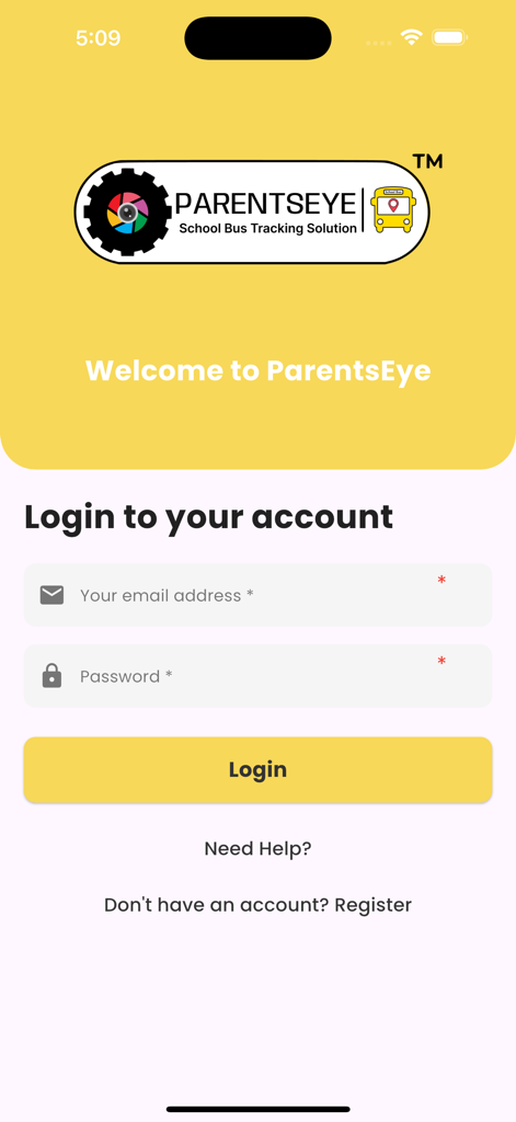 ParentsEye Parent - Login screen for the ParentsEye Parent school bus tracking app featuring email and password entry fields