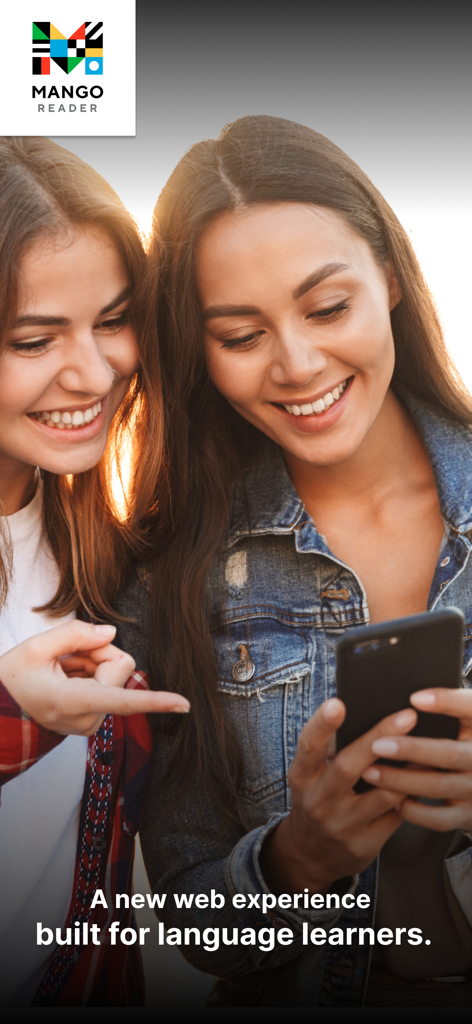 Two women smiling and looking at a smartphone with the Mango Reader logo and text describing a new web experience for language learners.