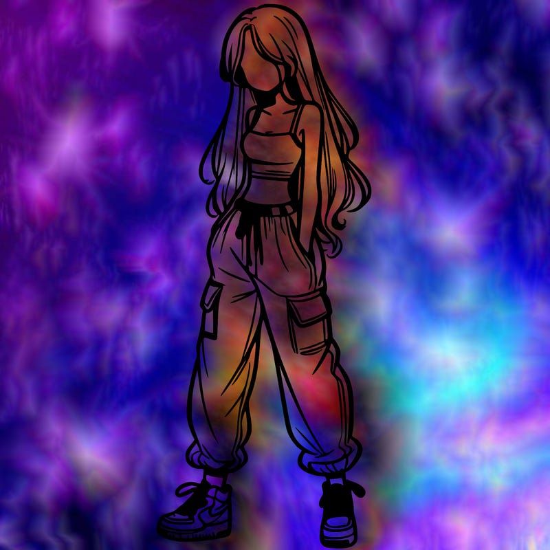 girl in baggy pants crop top and long hair