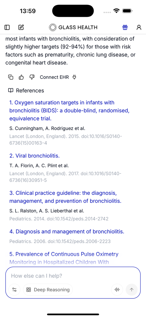 Glass Health app interface displaying peer-reviewed medical references and clinical citations