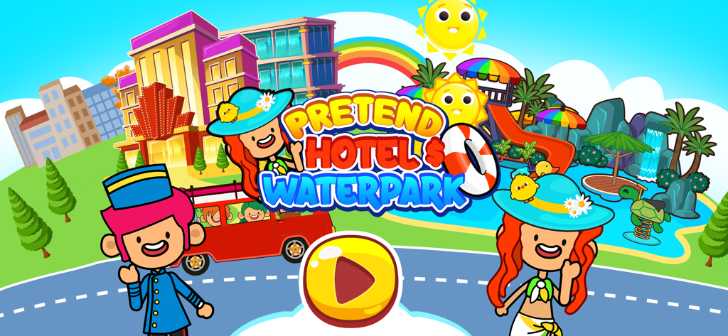 Main menu of My Pretend Hotel and Waterpark game featuring cartoon characters and a luxury resort background