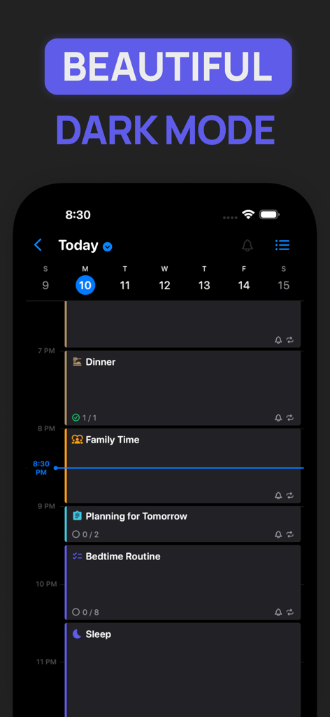 SuperPlanner: Daily Planner - SuperPlanner app interface in dark mode showing a visual daily schedule with time blocked tasks