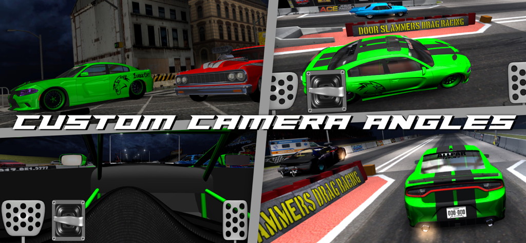 Door Slammers 2 Drag Racing - Door Slammers 2 gameplay showing various custom camera angles including cockpit view and rear follow perspectives