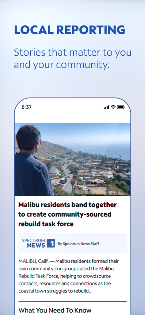 Spectrum News: Local Stories - Spectrum News app interface featuring a local news story about the Malibu community