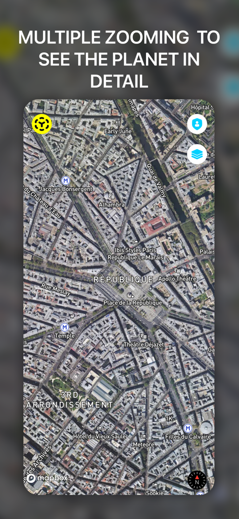 Detailed satellite view of Paris city streets with multiple zoom levels in Live Earth Map 3D app