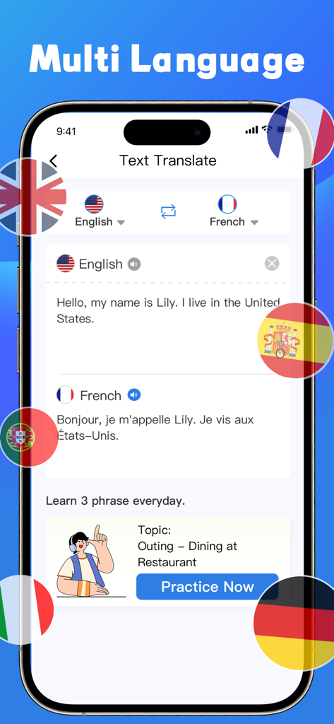 Easy Translate AI app showing text translation from English to French and a daily phrase learning section.