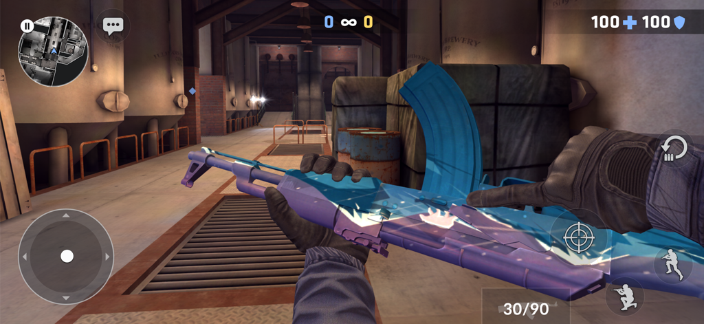 First-person perspective of Critical Ops gameplay showing a detailed blue and purple assault rifle skin in a warehouse