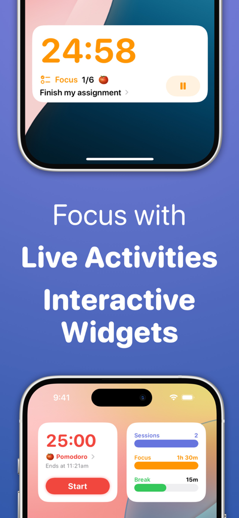 Focused Work - Pomodoro Timer - Image promotionnelle de l'application Focused Work présentant Live Activities et des widgets interactifs sur un iPhone.