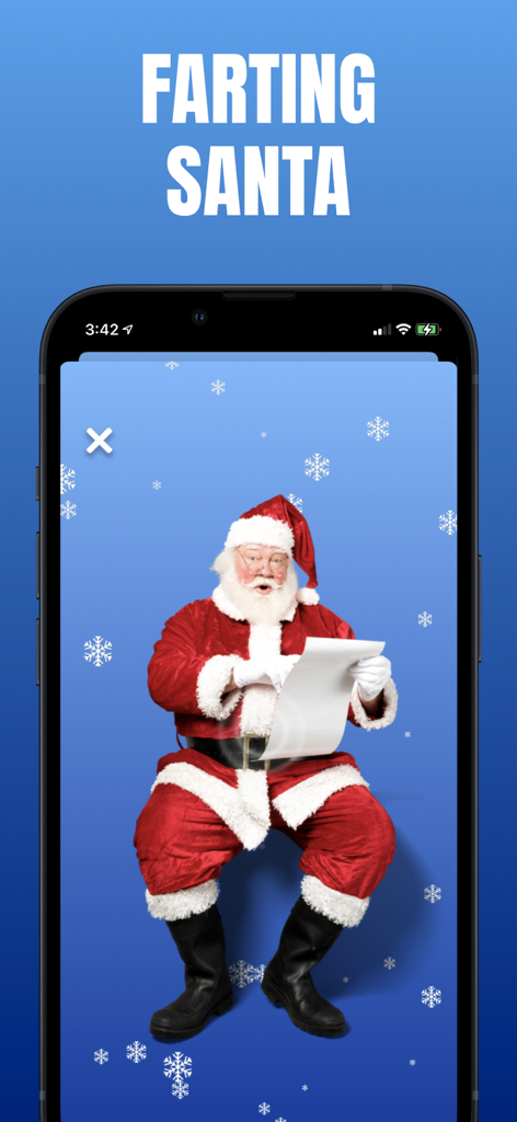 Screenshot of Farting Santa feature in Fart World app showing Santa Claus against a blue background with snowflakes