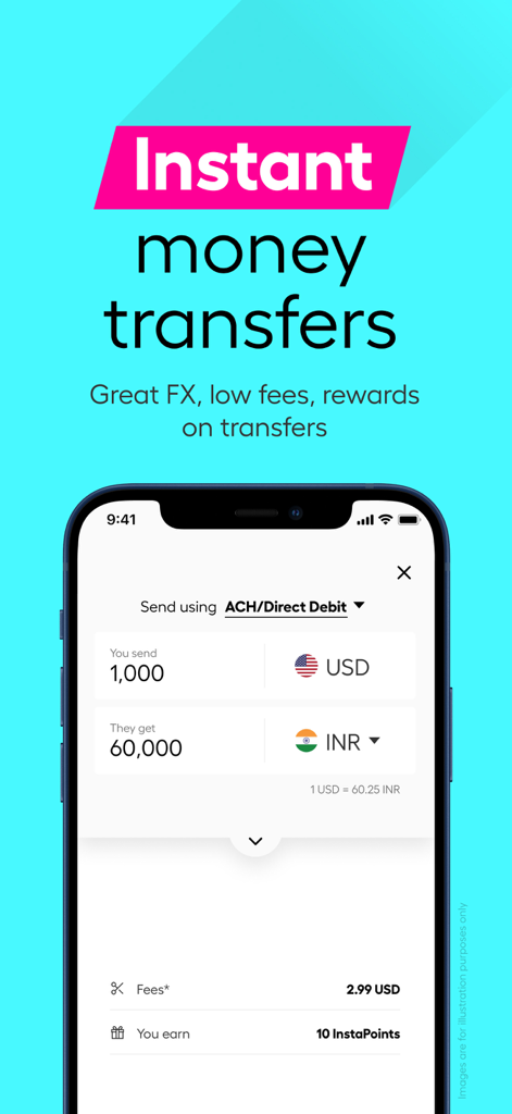 Instarem: Send money abroad - Instarem-App-Oberfläche mit einer internationalen Geldüberweisung von USD nach INR mit Wechselkursen und Gebühren