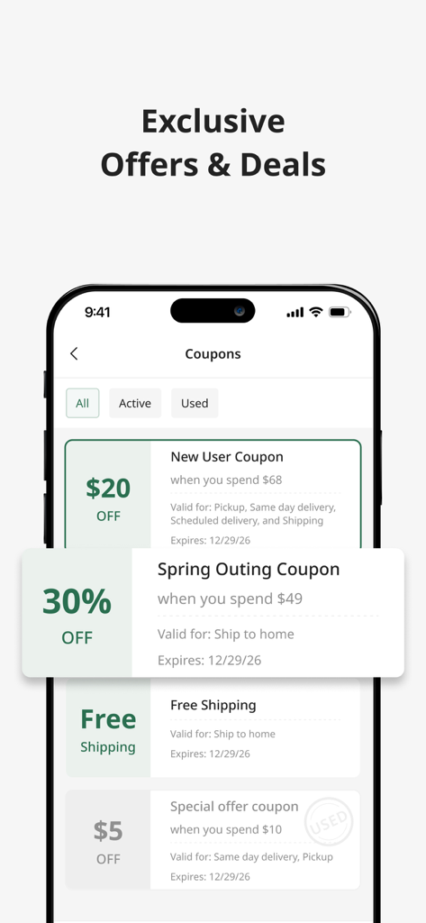 99 Ranch Market: Asian Grocery - Pantalla de teléfono inteligente que muestra varios cupones digitales y ofertas de descuento en la aplicación 99 Ranch Market.