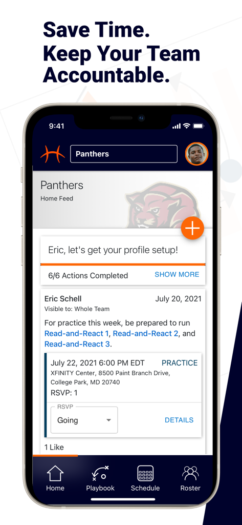 Hoops Lab - Feed de inicio de la aplicación Hoops Lab mostrando comunicaciones del equipo, calendario de entrenamientos y estado de confirmación de asistencia.