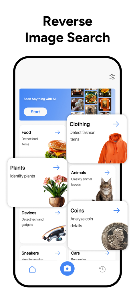 Interfaz de la aplicación móvil de Búsqueda Inversa de Imágenes mostrando categorías de identificación IA para plantas, ropa y animales