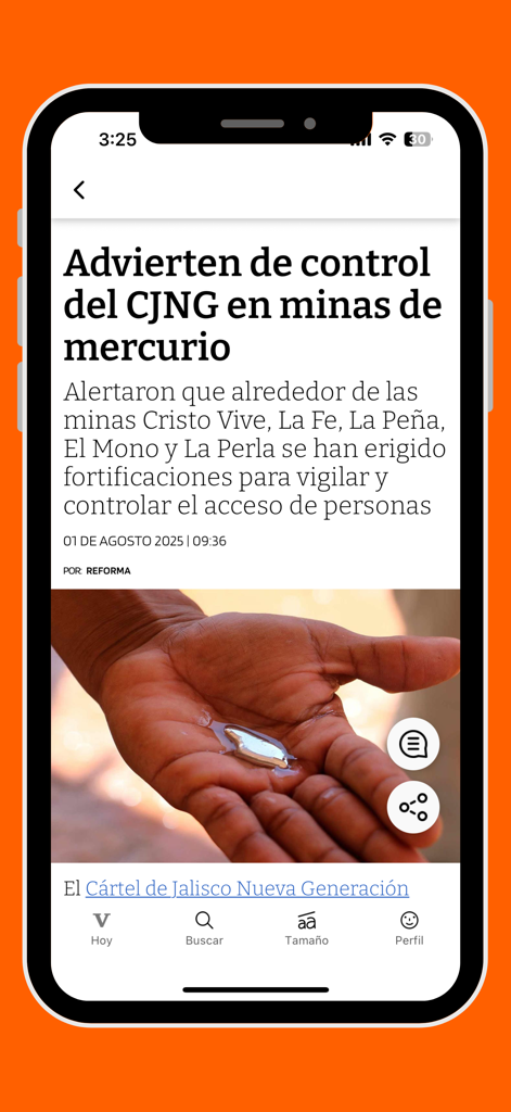 Pantalla de la aplicación de noticias Vanguardia mostrando un artículo de noticias en español en un dispositivo móvil.