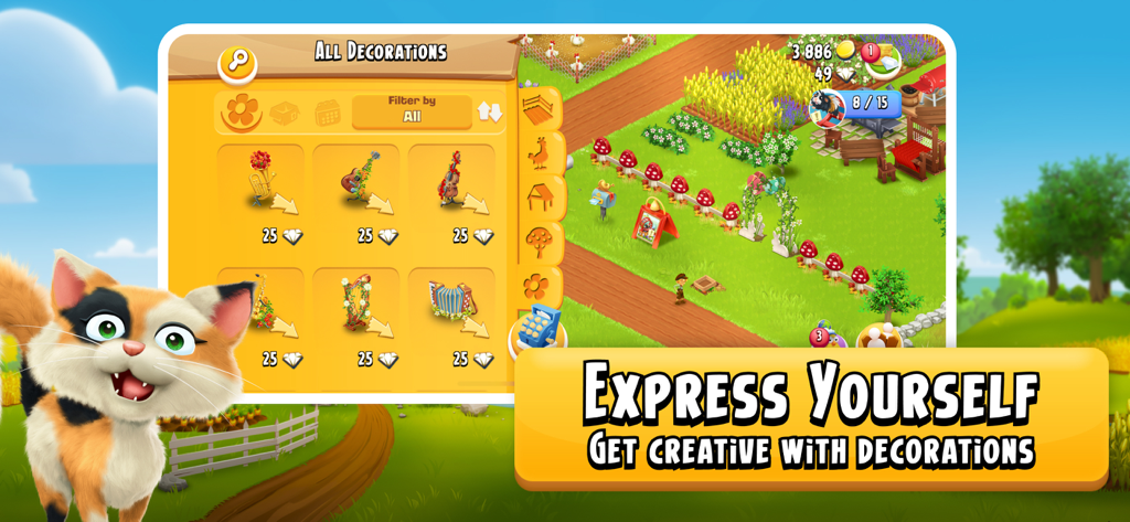 Hay Day interface for choosing and placing farm decorations like musical instruments