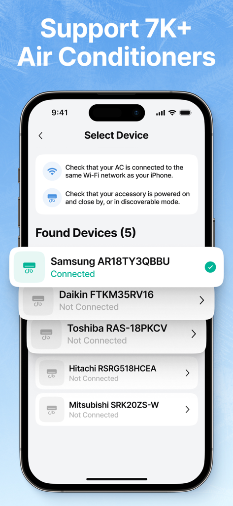 Smartphone screen displaying compatible air conditioner brands in the AC Remote app.
