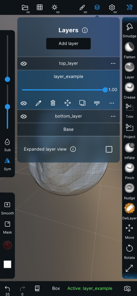 Nomad Sculpt app showing the layers management panel and 3D modeling interface