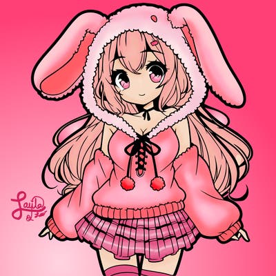 pretty anime girl wearing a fluffy hoodie with bunny ears on the hood and a skirt