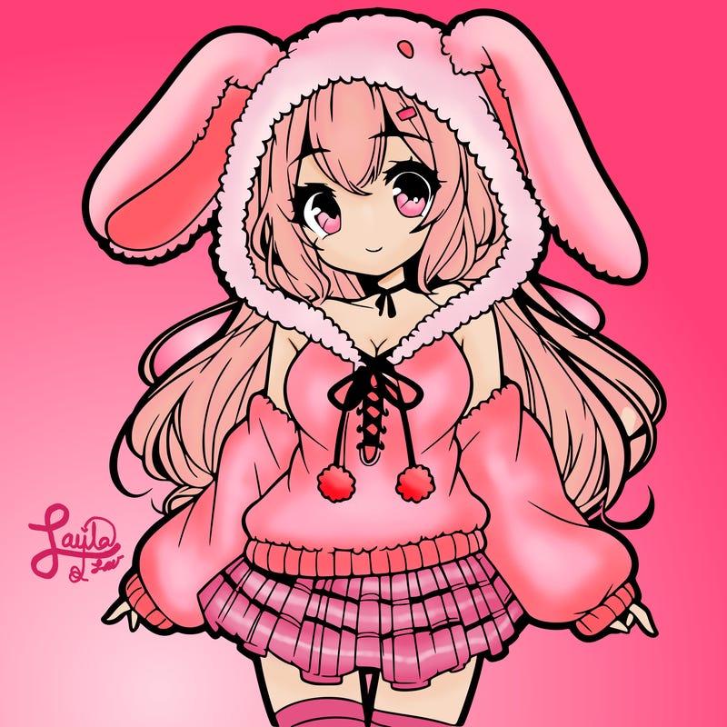pretty anime girl wearing a fluffy hoodie with bunny ears on the hood and a skirt