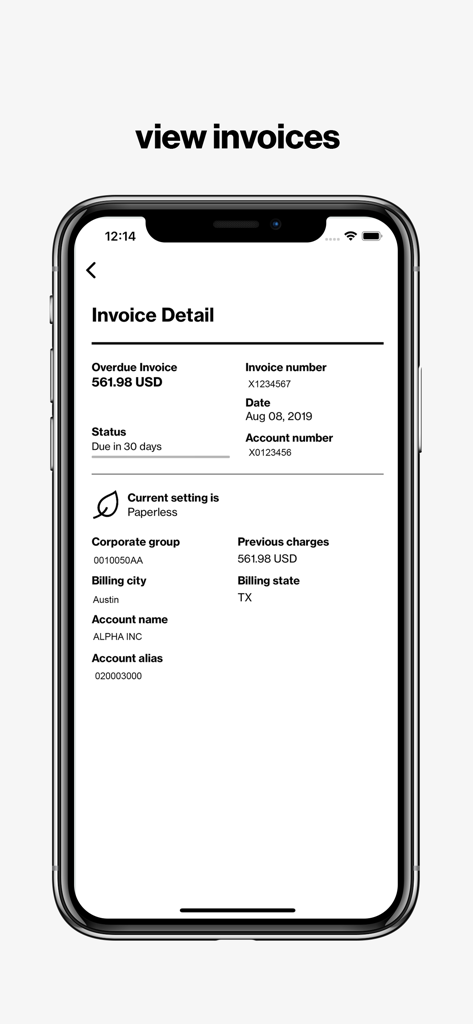 Alpha Incの未払い残高とアカウント情報を表示するMy Verizon For Enterpriseアプリの請求詳細画面