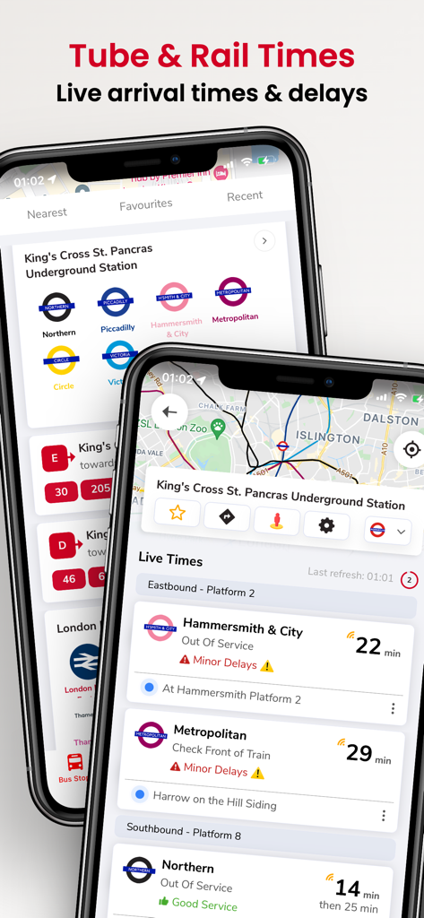 Screenshot of the London and UK Live Bus Countdown app showing live Tube and Rail arrival times and service delays at King's Cross St. Pancras