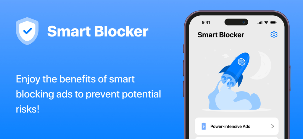 Smart Blocker feature interface in the Total Security app highlighting ad blocking and web protection on an iPhone
