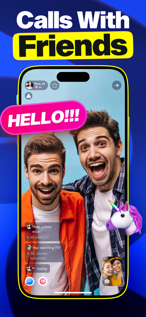 Olive: 1-on-1 Video Chat - Captura de pantalla de la aplicación Olive que muestra una videollamada con amigos y traducción en tiempo real