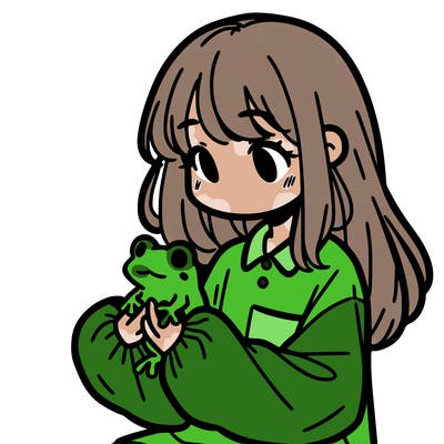 girl with long hair and a oversized shirt. and she is holding a frog