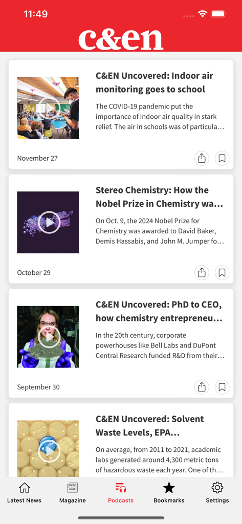 A list of chemistry podcasts on the Chemistry News by CEN mobile app