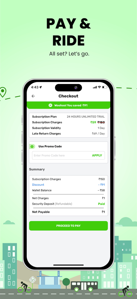 MYBYK - Pedal & EBike Rental - MYBYKアプリのチェックアウトページ。サブスクリプションプランの概要と「支払いに進む」ボタンが表示されています。
