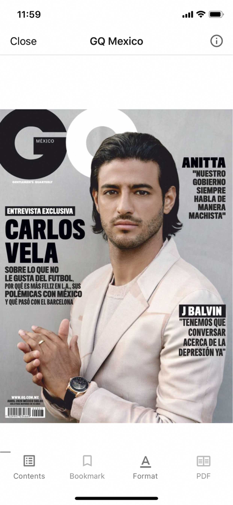 Uma capa de revista digital da GQ México apresentando Carlos Vela na interface do aplicativo móvel