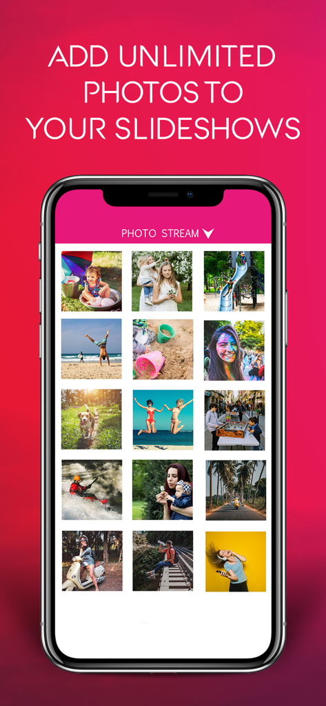 Smartphone screen showing a grid of personal photos within the Fast and Easy Slideshow Maker app